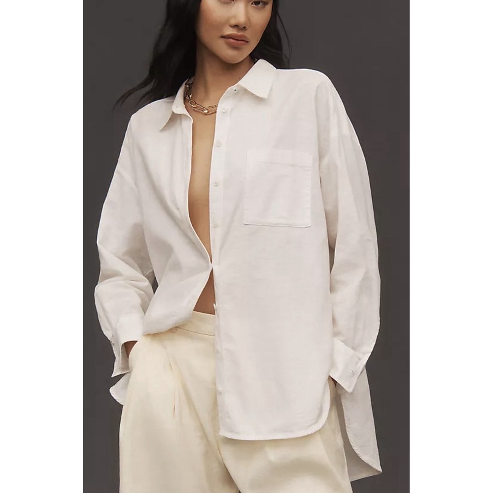 Anthropologie Pilcro Womens Y2K White linen Gauzy Peasant Top L A011532